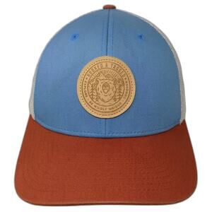 Hooked & Tagged Trucker Hat Blue Orange OS Leather Bear Patch Mesh Snapback